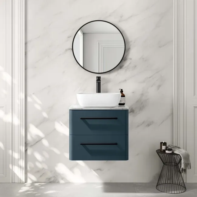 Omaha Navy Blue Wall Hung Drawer Vanity with Marble Top & Curved Counter Top Basin 600mm - Black Accents