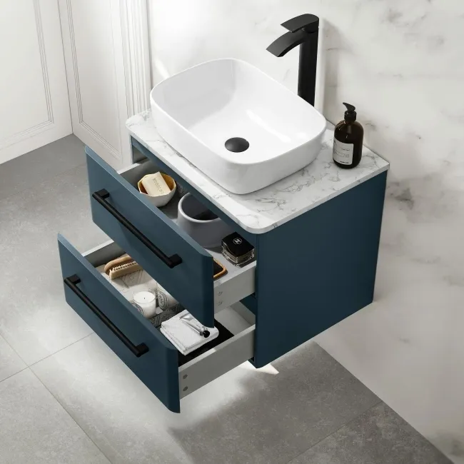 Omaha Navy Blue Wall Hung Drawer Vanity with Marble Top & Curved Counter Top Basin 600mm - Black Accents
