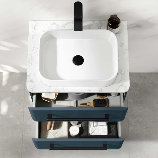 Omaha Navy Blue Wall Hung Drawer Vanity with Marble Top & Marin Basin 600mm - Black Accents