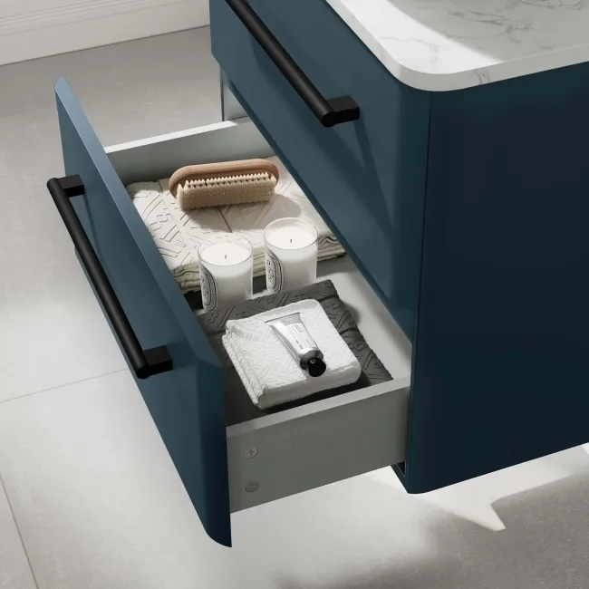 Omaha Navy Blue Wall Hung Drawer Vanity with Marble Top & Marin Basin 600mm - Black Accents