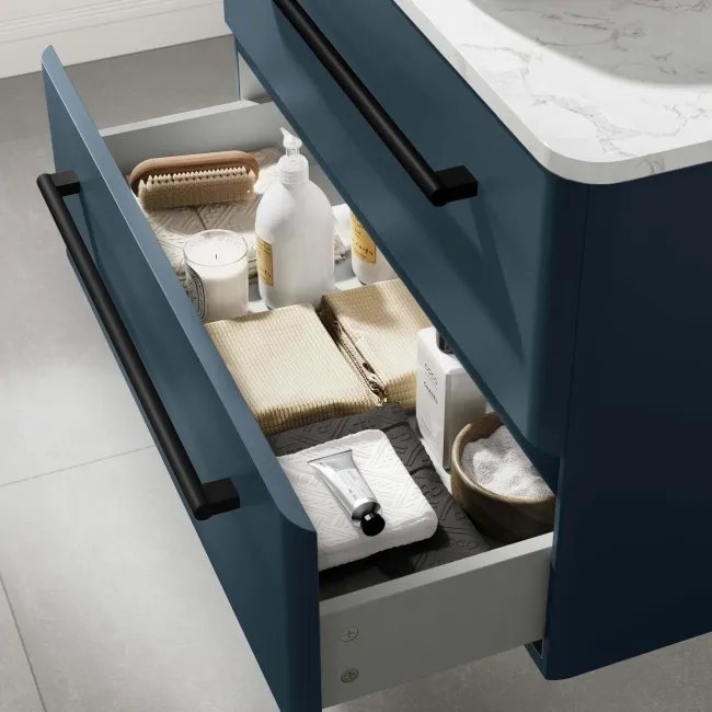 Omaha Navy Blue Wall Hung Drawer Vanity with Marble Top & Curved Counter Top Basin 800mm - Black Accents