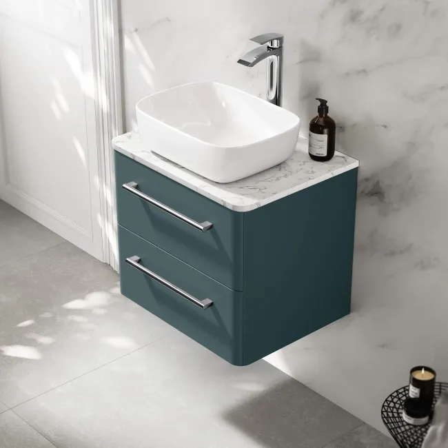 Omaha Mystic Green Wall Hung Drawer Vanity with Marble Top & Curved Counter Top Basin 600mm