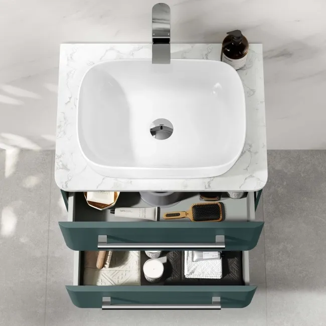 Omaha Mystic Green Wall Hung Drawer Vanity with Marble Top & Curved Counter Top Basin 600mm