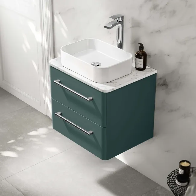 Omaha Mystic Green Wall Hung Drawer Vanity with Marble Top & Marin Basin 600mm