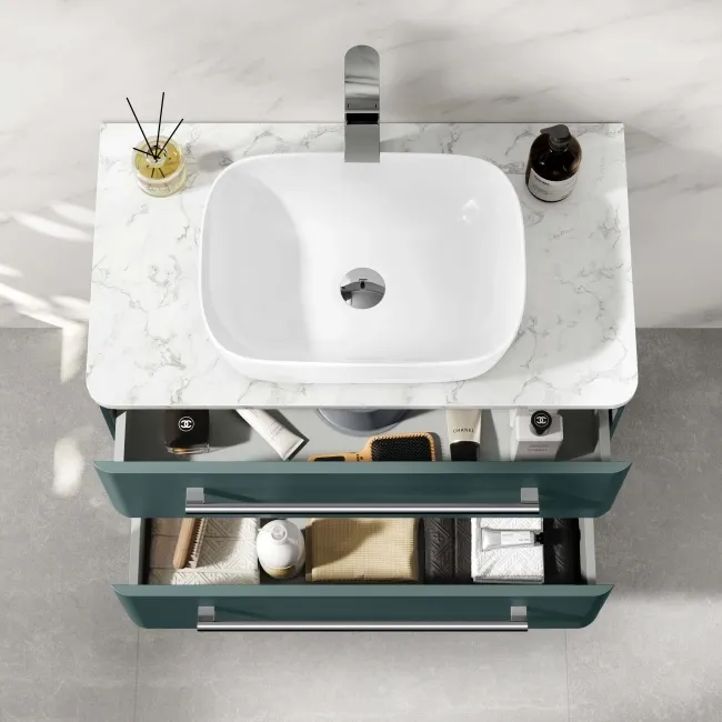 Omaha Mystic Green Wall Hung Drawer Vanity with Marble Top & Curved Counter Top Basin 800mm