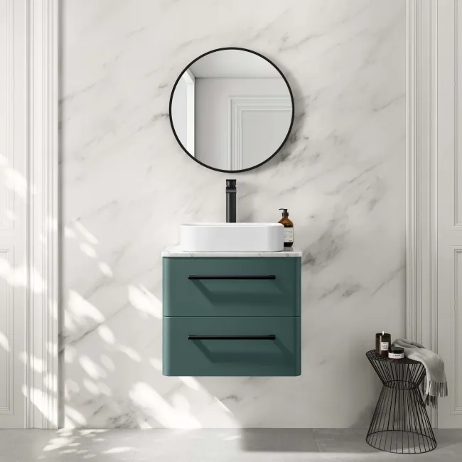 Omaha Mystic Green Wall Hung Drawer Vanity with Marble Top & Marin Basin 600mm - Black Accents