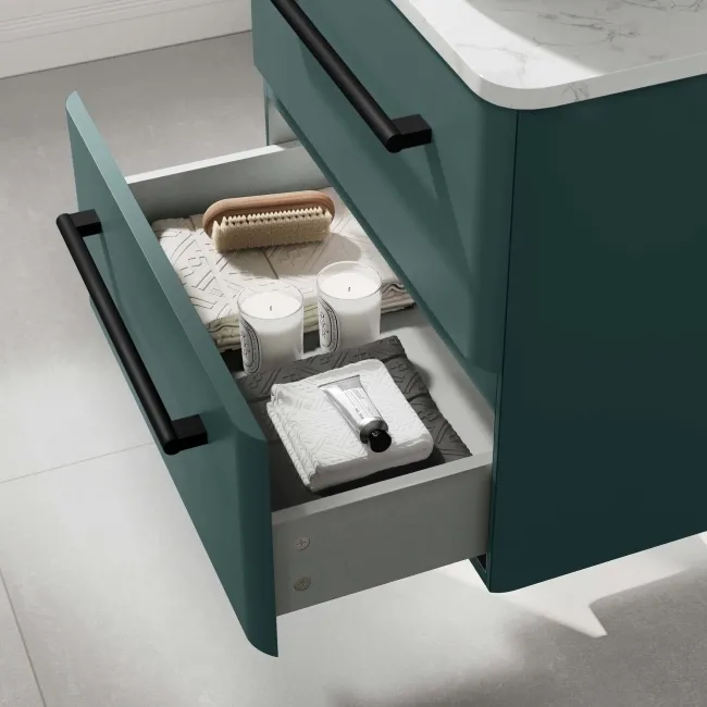 Omaha Mystic Green Wall Hung Drawer Vanity with Marble Top & Marin Basin 600mm - Black Accents