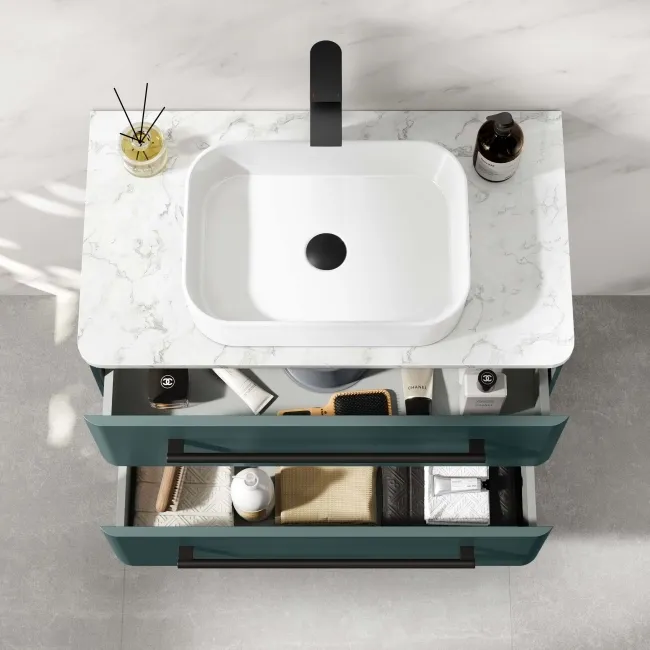 Omaha Mystic Green Wall Hung Drawer Vanity with Marble Top & Marin Basin 800mm - Black Accents