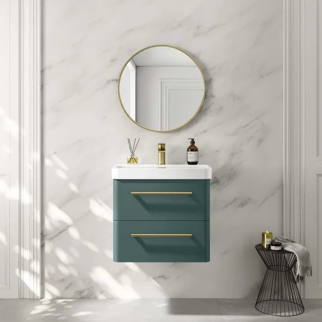 Omaha Mystic Green Wall Hung Basin Drawer Vanity 600mm - Brushed Brass Accents