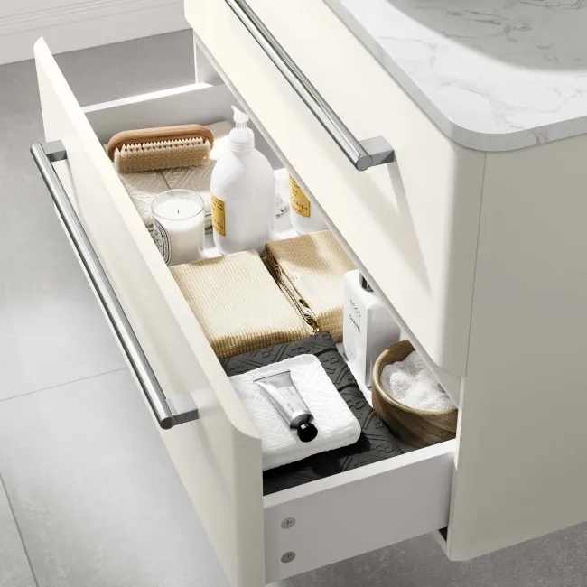 Omaha Linen White Wall Hung Drawer Vanity with Marble Top & Curved Counter Top Basin 800mm