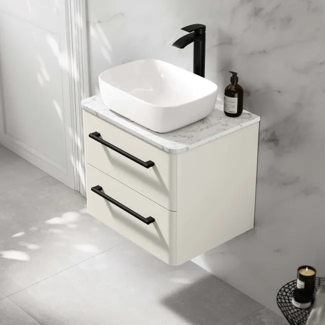 Omaha Linen White Wall Hung Drawer Vanity with Marble Top & Curved Counter Top Basin 600mm - Black Accents