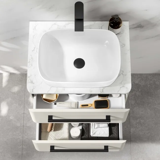 Omaha Linen White Wall Hung Drawer Vanity with Marble Top & Curved Counter Top Basin 600mm - Black Accents