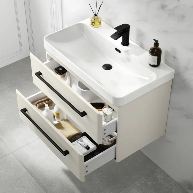 Omaha Linen White Wall Hung Basin Drawer Vanity 800mm - Black Accents