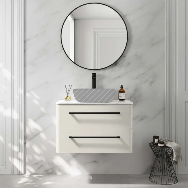 Omaha Linen White Wall Hung Drawer Vanity with Marble Top 800mm (Excludes Counter Top Basin) - Black Accents