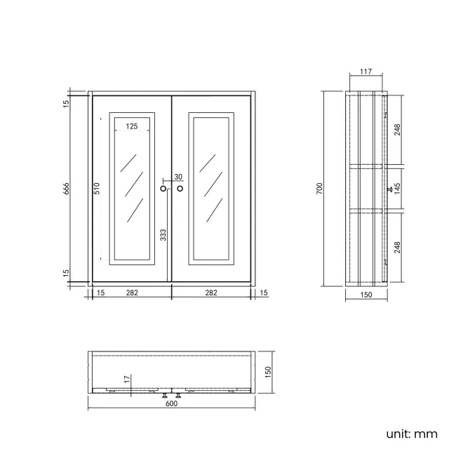 Dove Grey Wall Hung Mirror Cabinet 700x600mm