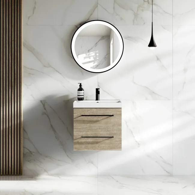 Elba Dawn Oak Wall Hung Basin Drawer Vanity 500mm - Black Accents