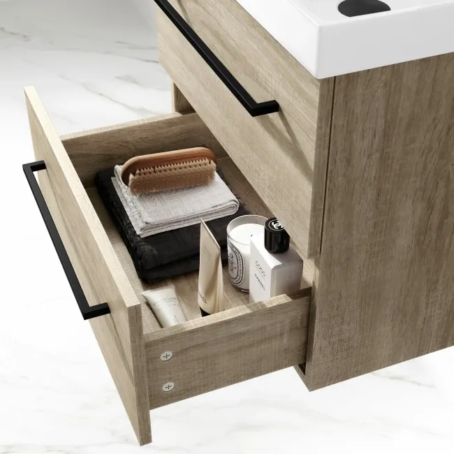 Elba Dawn Oak Wall Hung Basin Drawer Vanity 500mm - Black Accents