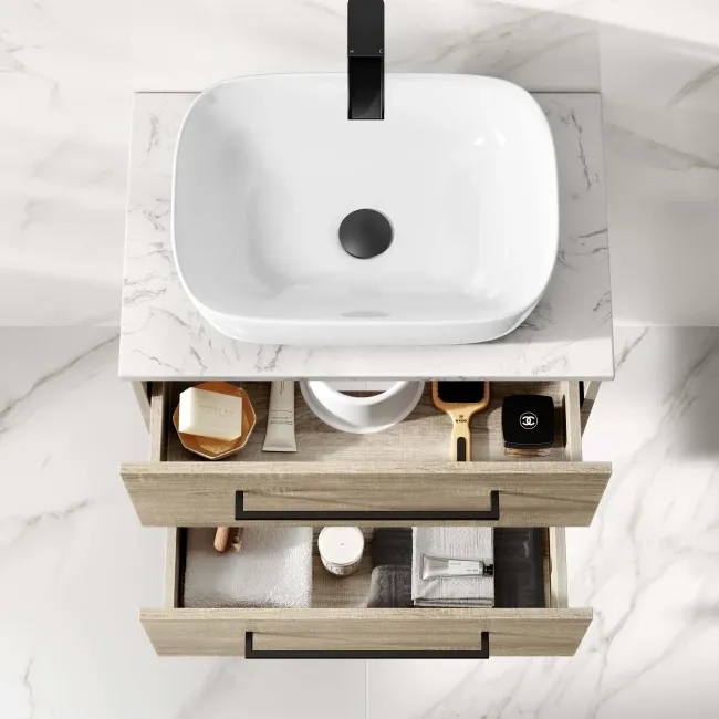 Elba Dawn Oak Wall Hung Drawer Vanity with Marble Top & Curved Counter Top Basin 600mm - Black Accents