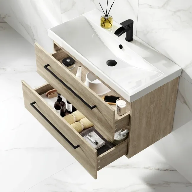 Elba Dawn Oak Wall Hung Basin Drawer Vanity 800mm - Black Accents