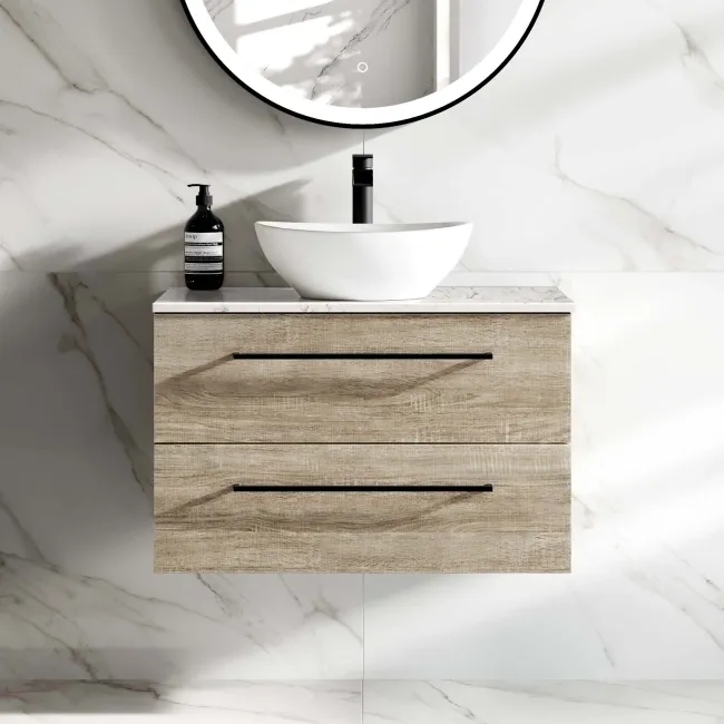 Elba Dawn Oak Wall Hung Drawer Vanity with Marble Top & Oval Counter Top Basin 800mm - Black Accents
