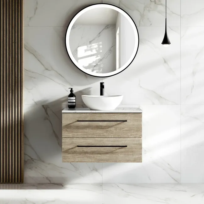 Elba Dawn Oak Wall Hung Drawer Vanity with Marble Top & Oval Counter Top Basin 800mm - Black Accents