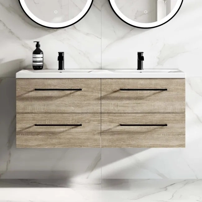 Elba Dawn Oak Wall Hung Double Basin Drawer Vanity 1200mm - Black Accents