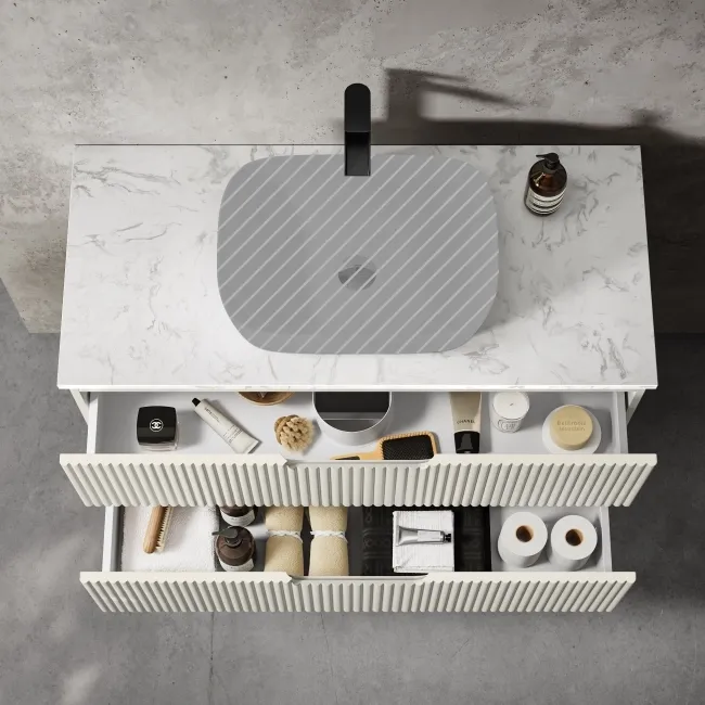 Crete Fluted Linen White Wall Hung Drawer Vanity with Marble Top 1000mm - Excludes Counter Top Basin