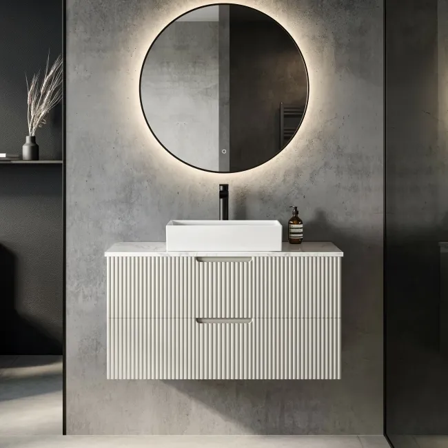 Crete Fluted Linen White Wall Hung Drawer Vanity with Marble Top & Cody Basin 1000mm