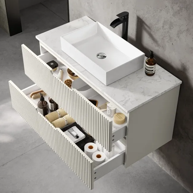Crete Fluted Linen White Wall Hung Drawer Vanity with Marble Top & Cody Basin 1000mm