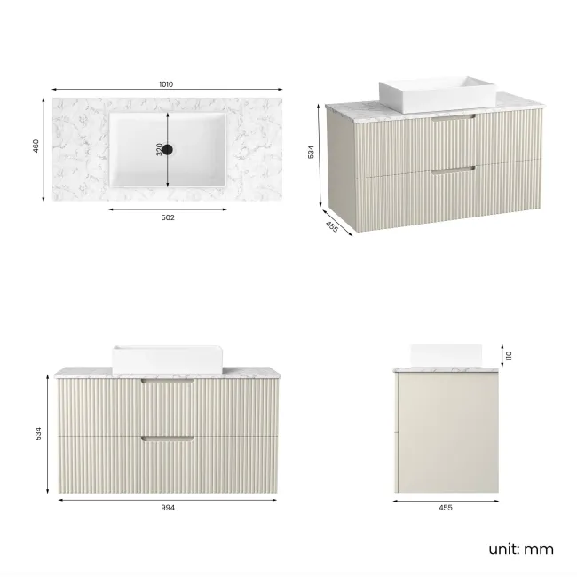 Crete Fluted Linen White Wall Hung Drawer Vanity with Marble Top & Cody Basin 1000mm