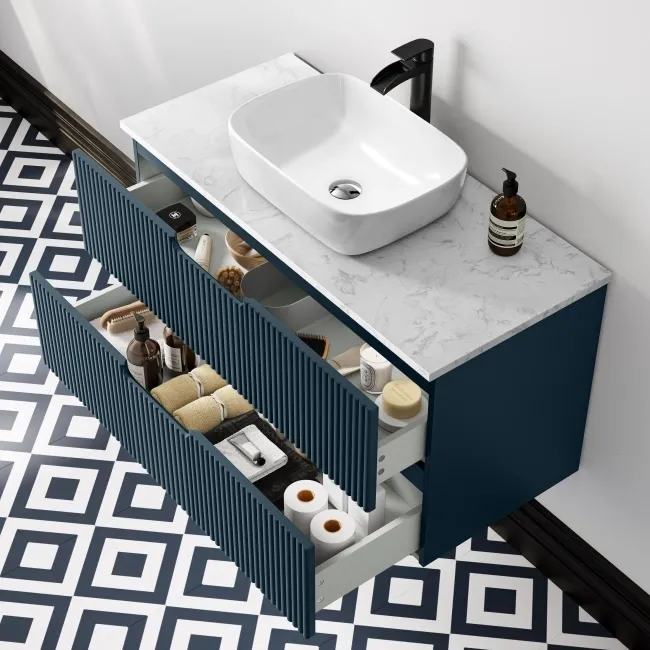 Crete Fluted Navy Blue Wall Hung Drawer Vanity with Marble Top & Curved Basin 1000mm