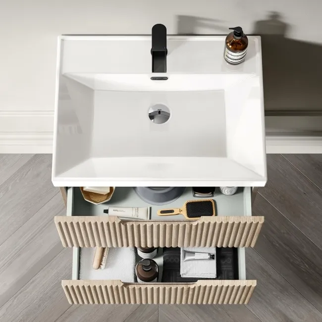 Crete Fluted Apex Oak Wall Hung Basin Drawer Vanity 600mm