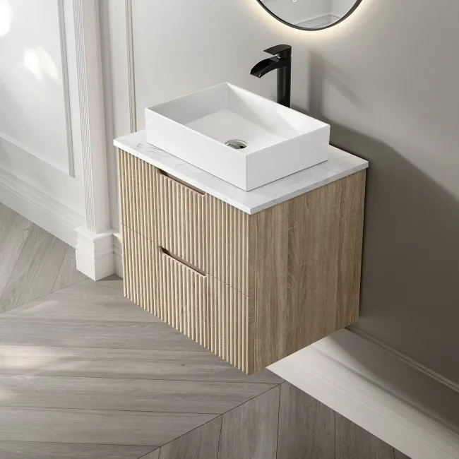 Crete Fluted Apex Oak Wall Hung Drawer Vanity with Marble Top & Cody Basin 600mm
