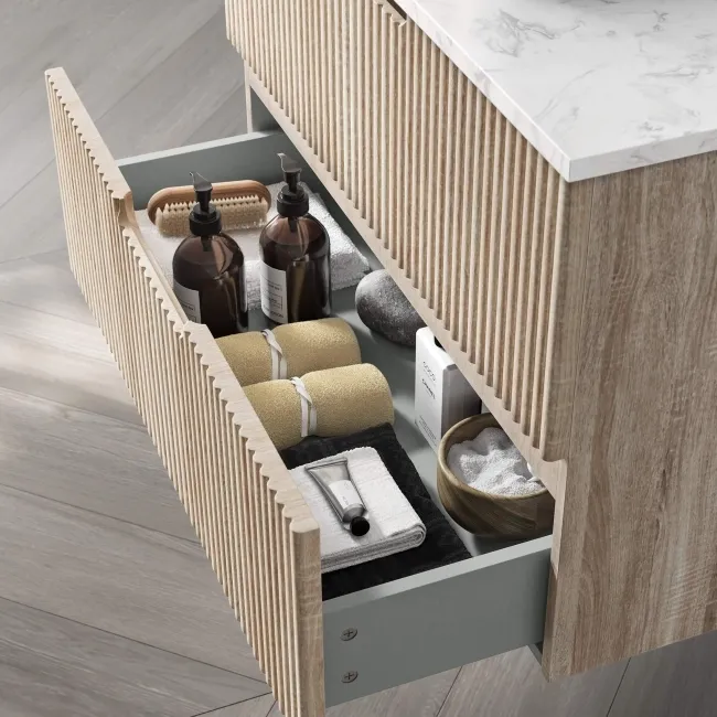 Crete Fluted Apex Oak Wall Hung Drawer Vanity with Marble Top & Curved Basin 800mm