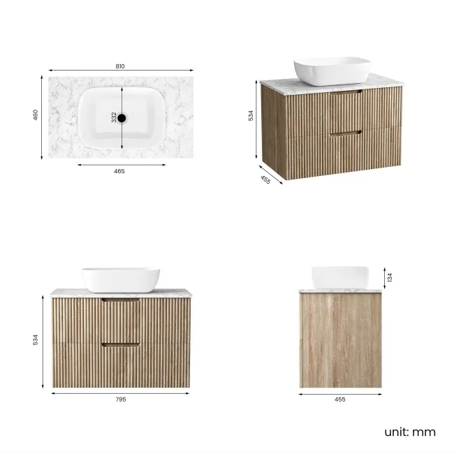 Crete Fluted Apex Oak Wall Hung Drawer Vanity with Marble Top & Curved Basin 800mm