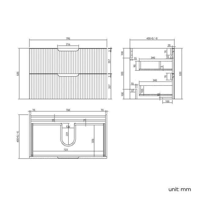 Crete Fluted Apex Oak Wall Hung Drawer Vanity with Marble Top & Curved Basin 800mm