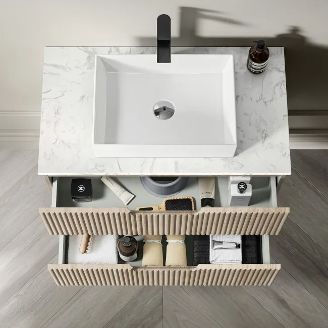 Crete Fluted Apex Oak Wall Hung Drawer Vanity with Marble Top & Cody Basin 800mm
