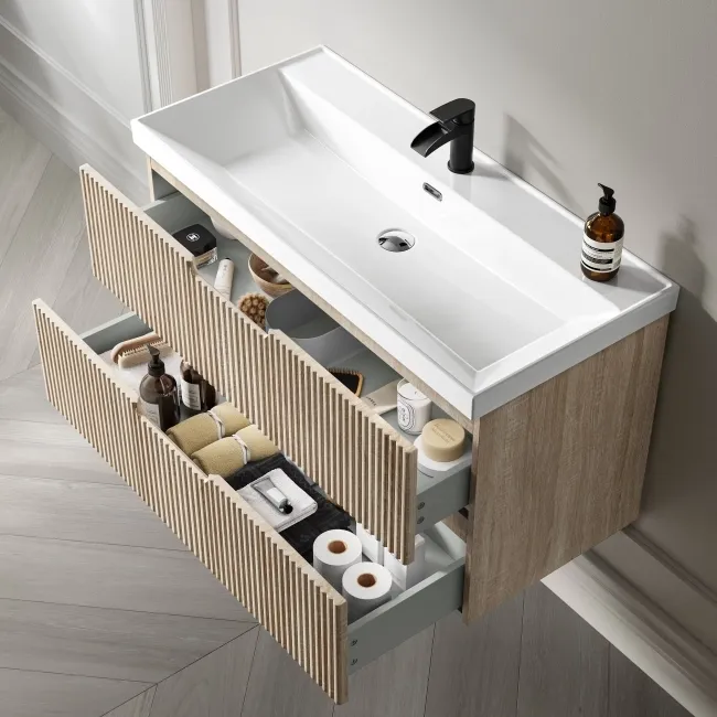 Crete Fluted Apex Oak Wall Hung Basin Drawer Vanity 1000mm