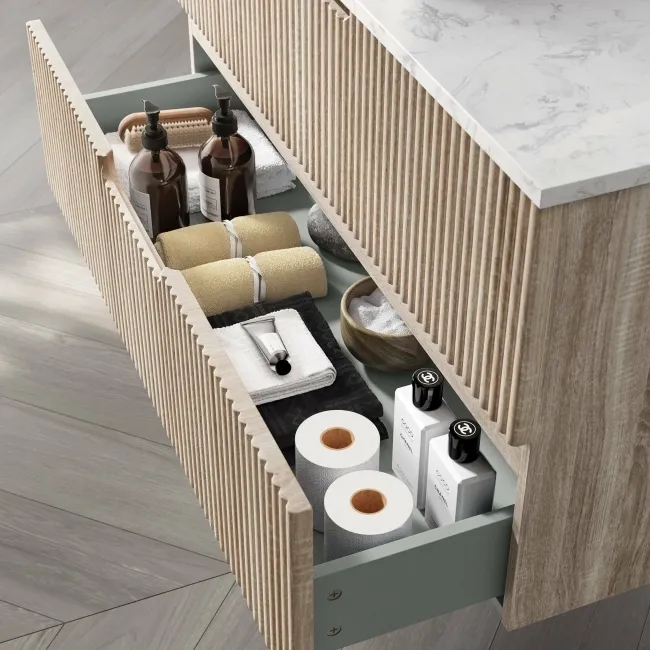 Crete Fluted Apex Oak Wall Hung Drawer Vanity with Marble Top & Curved Basin 1000mm