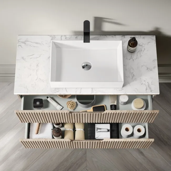 Crete Fluted Apex Oak Wall Hung Drawer Vanity with Marble Top & Cody Basin 1000mm