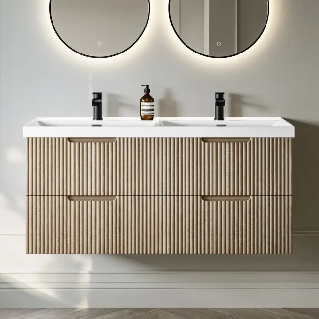Crete Fluted Apex Oak Wall Hung Double Basin Drawer Vanity 1200mm