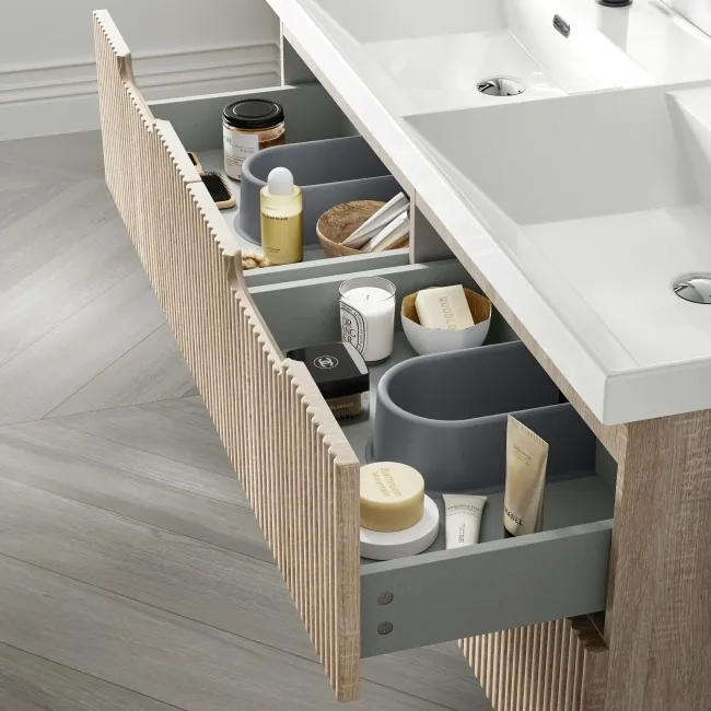Crete Fluted Apex Oak Wall Hung Double Basin Drawer Vanity 1200mm