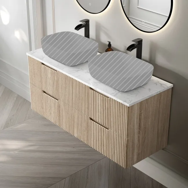Crete Fluted Apex Oak Double Wall Hung Drawer Vanity with Marble Top 1200mm - Excludes Counter Top Basin