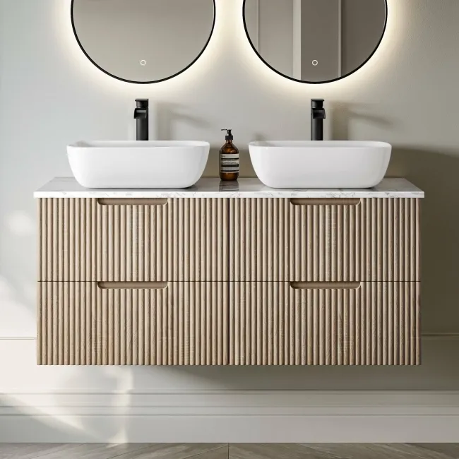 Crete Fluted Apex Oak Double Wall Hung Drawer Vanity with Marble Top & Curved Basin 1200mm