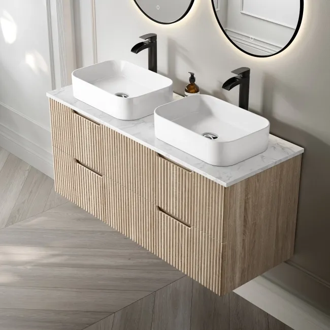 Crete Fluted Apex Oak Double Wall Hung Drawer Vanity with Marble Top & Marin Basin 1200mm