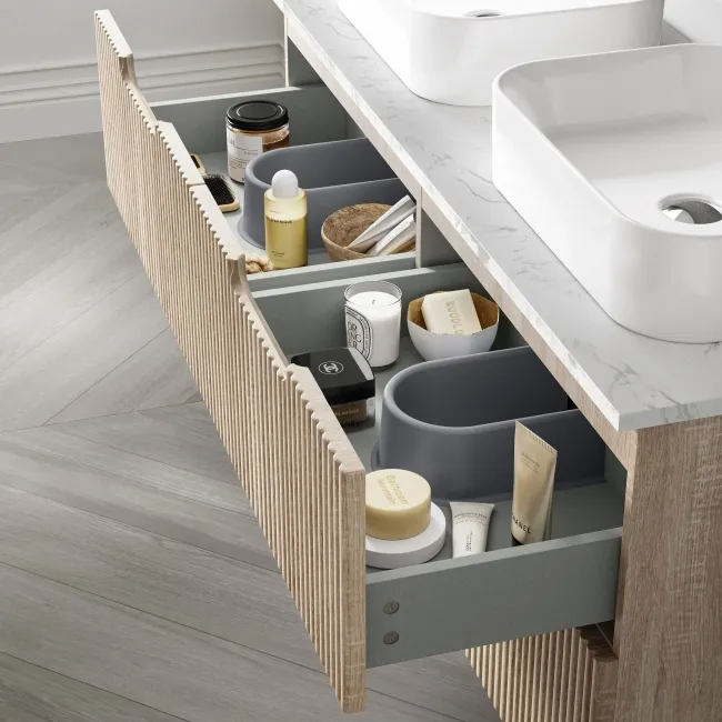 Crete Fluted Apex Oak Double Wall Hung Drawer Vanity with Marble Top & Marin Basin 1200mm