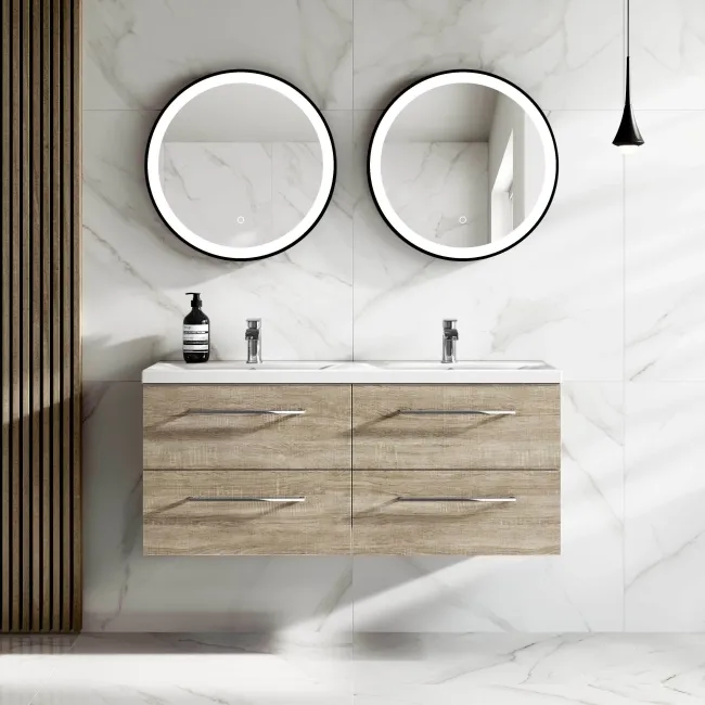 Elba Dawn Oak Wall Hung Double Basin Drawer Vanity 1200mm