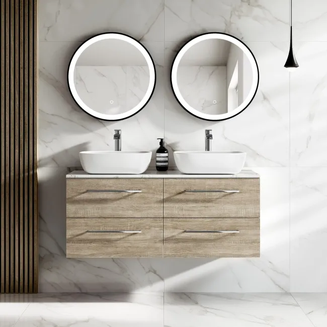 Elba Dawn Oak Double Wall Hung Drawer Vanity with Marble Top & Curved Basin 1200mm