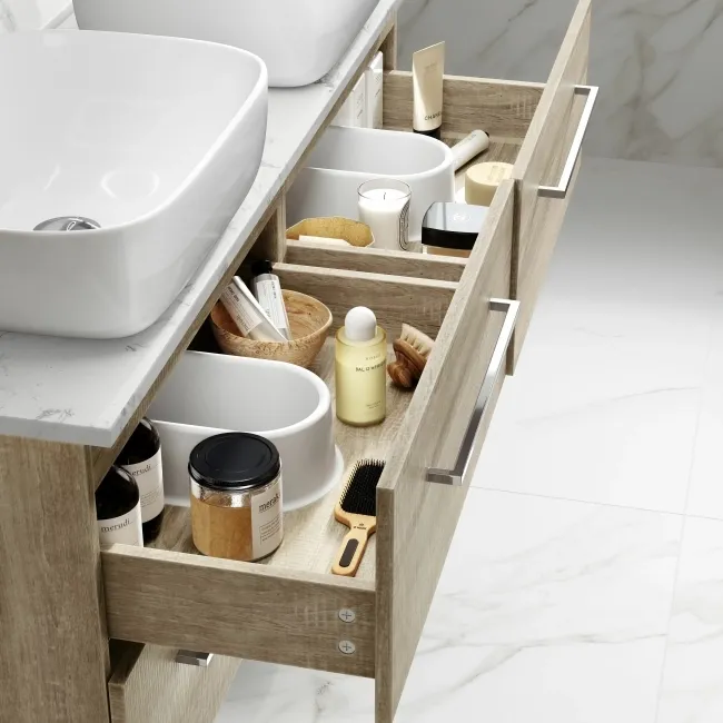 Elba Dawn Oak Double Wall Hung Drawer Vanity with Marble Top & Curved Basin 1200mm