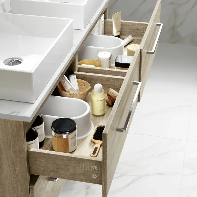 Elba Dawn Oak Double Wall Hung Drawer Vanity with Marble Top & Cody Basin 1200mm